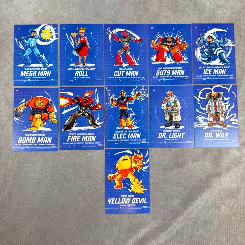 Mega Man Art Card Set 11pc Blueprint Style Robot Masters Dr Wily Dr Light